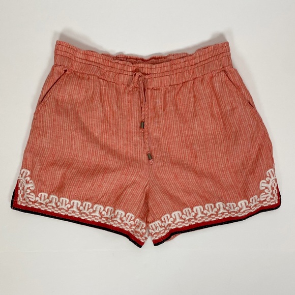 Anthropologie Size Medium Beachcomber Coral Embroidered Linen Pull On Shorts - Picture 8 of 8